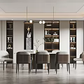 Modern Restaurant Interior With Dining Table Chairs Hanging Lights And Display Cabinets 3d model