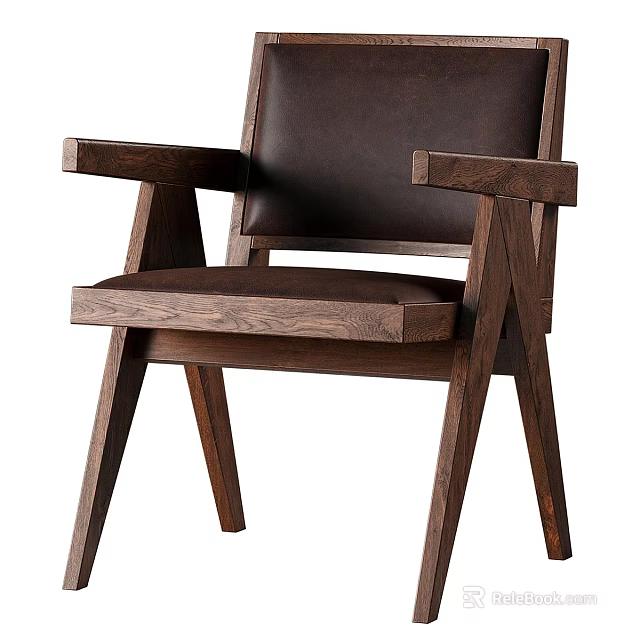 Elegant Wooden Single Chair With Leather Upholstered Seat Backrest And Armrest 3d model 