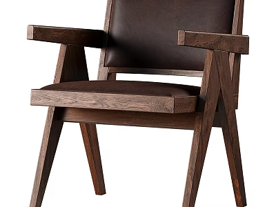 Elegant Wooden Single Chair With Leather Upholstered Seat Backrest And Armrest 3d model