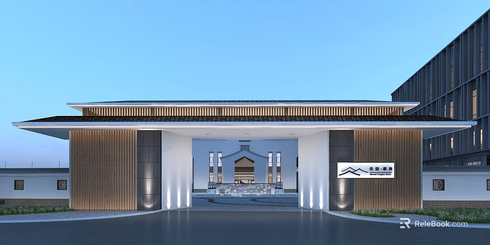 Modern Entrance Gate Design With Wooden Panels White Frame And Courtyard View 3d model 