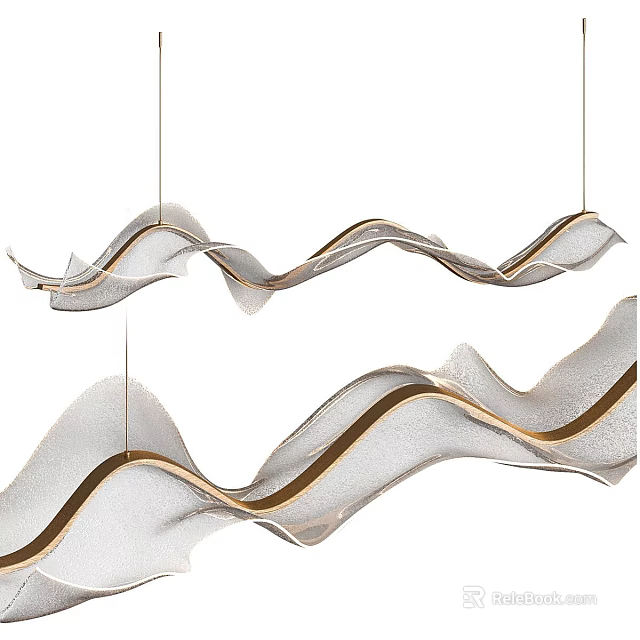 Modern Wave Shaped Chandelier With Gold Lines And White Shade For Interior Decor 3d model 