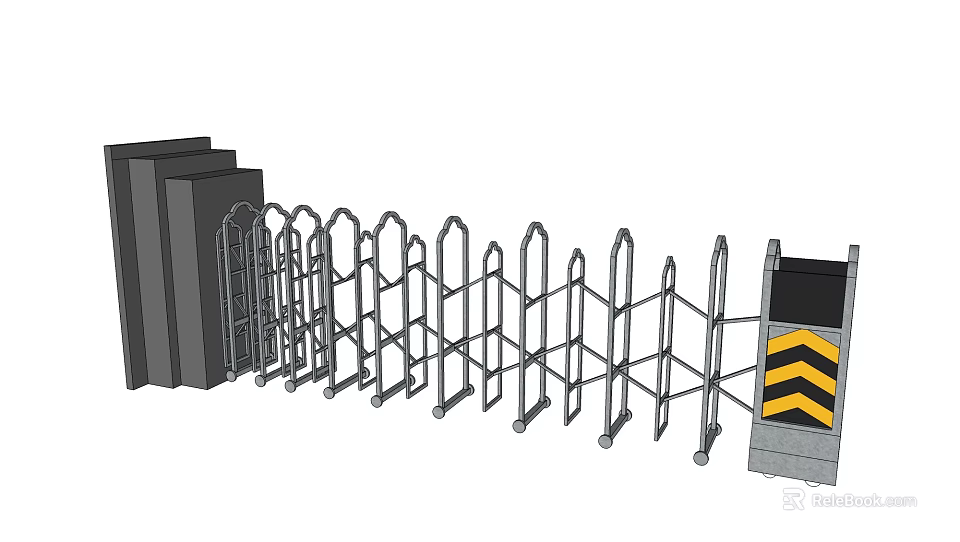 Retractable Metal Security Gate With Folding Structure And Control Panel Wheels 3d model 