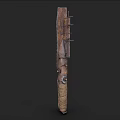 Rusted Blade Weapon With Metal Strips And Leather Handle Design