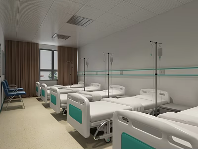 Hospital Ward Interior With Multiple Beds IV Stands And Blue Chairs 3d model