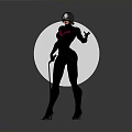 Woman In Black Tight Fitting Bodysuit With Helmet Holding Black Shield In Dynamic Action Pose