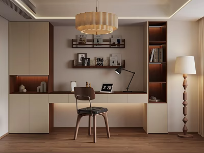 Modern Study Room Interior Design With Writing Desk Wooden Chair And Bookshelves 3d model