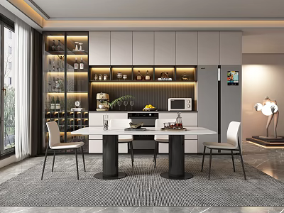 Sleek Modern Dining Area With White Countertop Table Chairs Glass Wine Cabinet And Warm Lighting 3d model