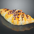 Golden Croissant With Dark Fruit Toppings Shiny Crust And Flaky Texture On Black Reflective Surface