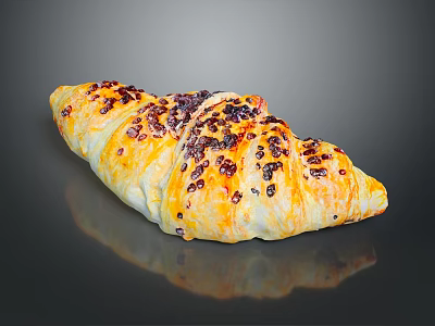 Golden Croissant With Dark Fruit Toppings Shiny Crust And Flaky Texture On Black Reflective Surface 3d model