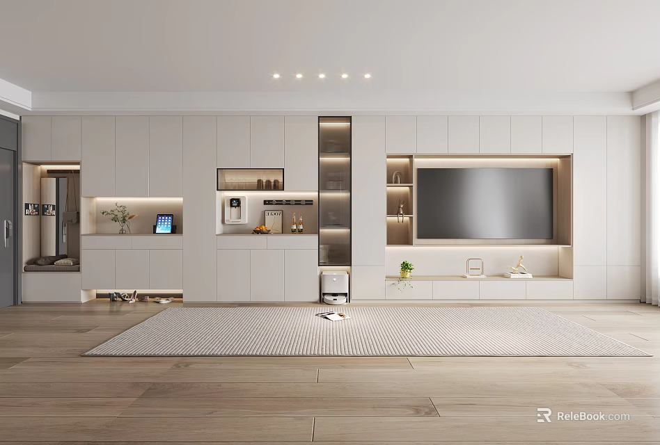 Modern Living Room TV Stand With White Integrated Cabinets Flat Screen TV LED Lighting And Storage Compartments 3d model 