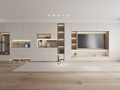Modern Living Room TV Stand With White Integrated Cabinets Flat Screen TV LED Lighting And Storage Compartments 3d model