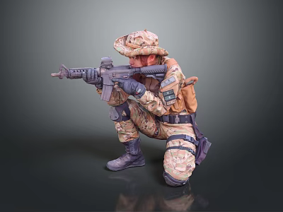 Man In Camouflage Uniform Crouching In Tactical Position Holding Rifle 3d model