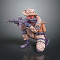 Man In Camouflage Uniform Crouching In Tactical Position Holding Rifle