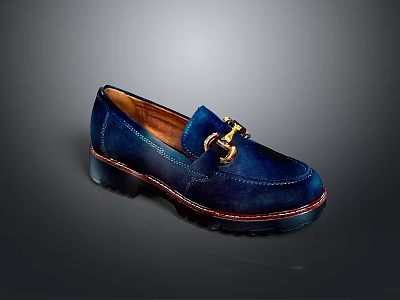 Stylish Navy Blue Loafers With Golden Buckle And Thick Sole For Daily Fashion Wear 3d model