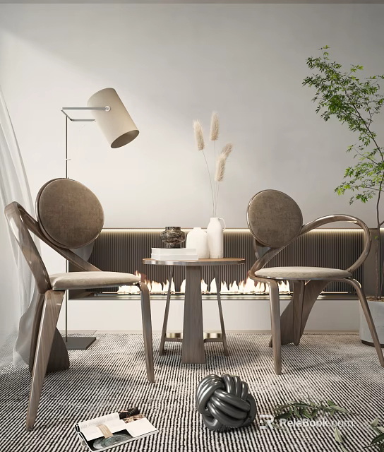 Modern Interior Table And Chairs Set With Floor Lamp And Pampas Grass 3d model 