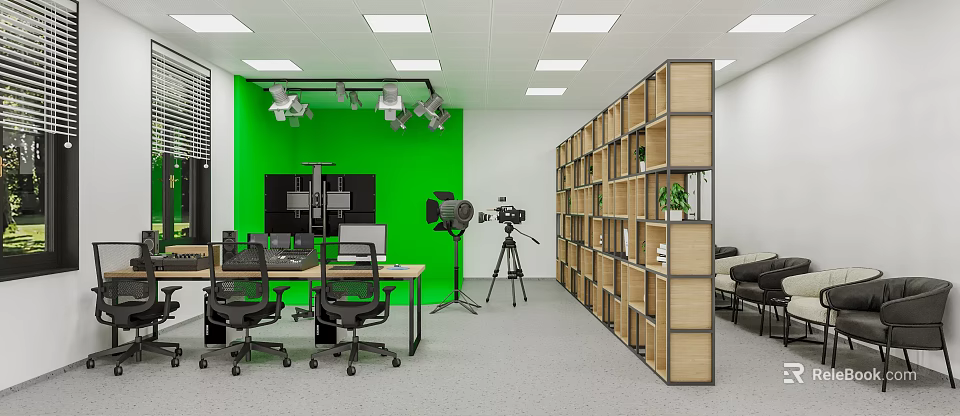Media Studio With Green Backdrop Wall Lights Camera Tripod Desk Office Chairs Bookshelf Plants 3d model 