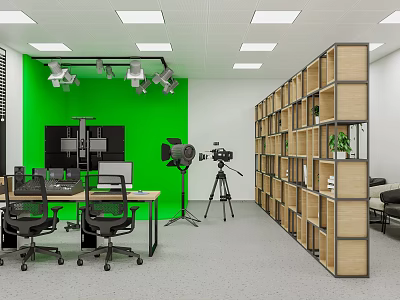 Media Studio With Green Backdrop Wall Lights Camera Tripod Desk Office Chairs Bookshelf Plants 3d model