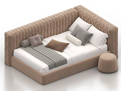 Kids Bed With Soft Brown Upholstery Multiple Pillows Blanket And Footstool 3d model