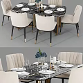 Elegant Dining Table Set with Marble Top Upholstered Chairs Gold Legs and Tableware 3d model