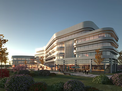 Modern Commercial Complex Architectural Exterior With Glass Curtain Walls And Greenery During Twilight 3d model