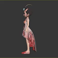 Female Character Wearing Pink Dress with Feather Head Decoration Flower Patterns and Red Shoes