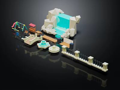 Colorful Building Blocks With Slide Small House Stone Bridge Fountain And Fence 3d model