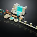 Colorful Building Blocks With Slide Small House Stone Bridge Fountain And Fence