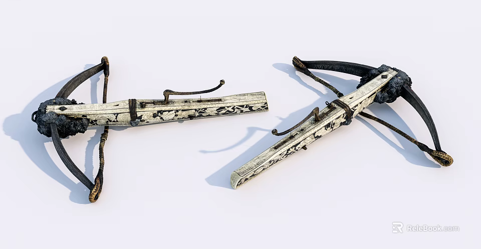 Traditional Crossbow Weapon With Wooden Frame Intricate Carvings And Leather Straps 3d model 