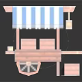 Wooden Street Vendor Cart With Blue White Striped Canopy Wheels And Bottles