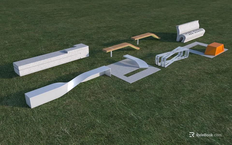 Outdoor Chairs With Various Designs And Shapes Arranged On Green Grass 3d model 