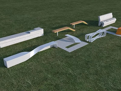 Outdoor Chairs With Various Designs And Shapes Arranged On Green Grass 3d model