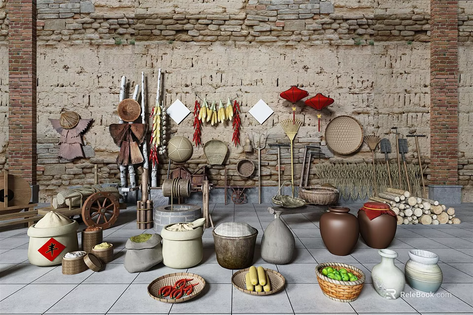 Rustic Garden Decor with Clay Pots Bamboo Baskets Fruits and Tools Against Stone Wall 3d model 