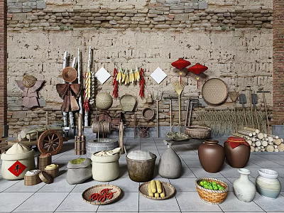 Rustic Garden Decor with Clay Pots Bamboo Baskets Fruits and Tools Against Stone Wall 3d model
