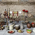 Rustic Garden Decor with Clay Pots Bamboo Baskets Fruits and Tools Against Stone Wall