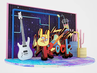 White Electric Guitar Vibrant Rock Lettering With Neon Grid Background Drink Straw And Cactus Decoration 3d model