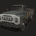 Vintage Olive Green Truck With Open Wooden Cargo Bed And Large Tires