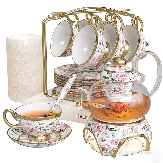 Floral Dinnerware Set With Gold Accents Teapot Cups Saucers 3d model 