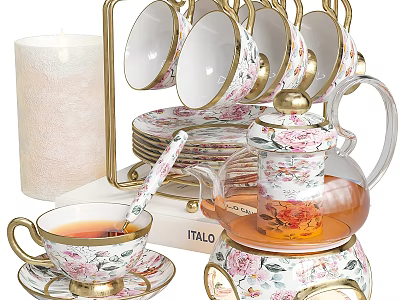 Floral Dinnerware Set With Gold Accents Teapot Cups Saucers 3d model