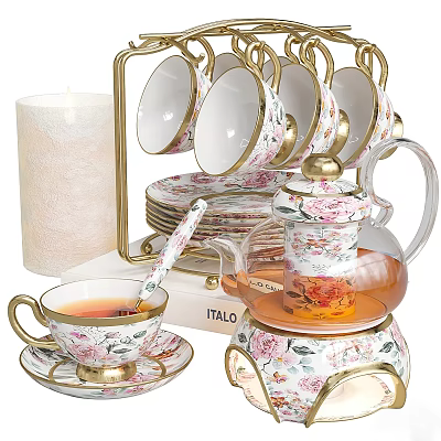 Floral Dinnerware Set With Gold Accents Teapot Cups Saucers 3d model