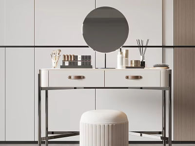 Modern Dressing Table With Round Mirror White Countertop And Vanity Accessories 3d model