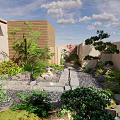 Courtyard Garden Design With Wooden Pavilion Stone Path Green Plants And Outdoor Dining Set