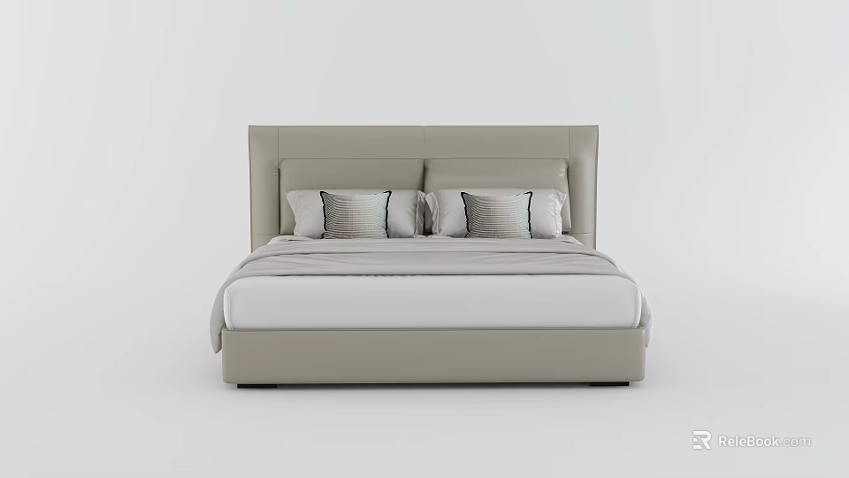 Modern Double Bed With Beige Upholstered Headboard And Neutral Bedding Pillows 3d model