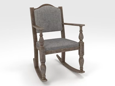Classic Wooden Rocking Chair with Gray Fabric Seat and Armrests for Home Use 3d model