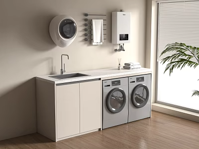 Modern Laundry Room Interior With Washing Machine Dryer Sink And Cabinets 3d model