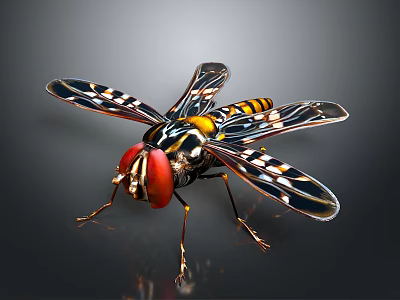 Colorful Insect With Red Eyes Black Yellow Body And Transparent Patterned Wings On Shiny Surface 3d model