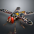 Colorful Insect With Red Eyes Black Yellow Body And Transparent Patterned Wings On Shiny Surface
