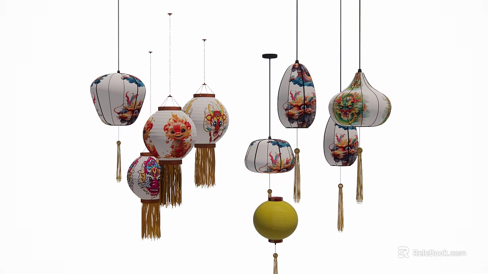 Decorative Traditional Chinese Lanterns with Various Patterns Shapes and Tassels in White Yellow 3d model 