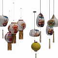 Decorative Traditional Chinese Lanterns with Various Patterns Shapes and Tassels in White Yellow