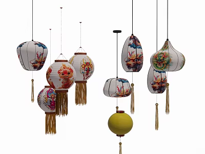 Decorative Traditional Chinese Lanterns with Various Patterns Shapes and Tassels in White Yellow 3d model