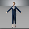 3D Model Woman In Blue Suit Standing With Outstretched Arms On Gray Background
